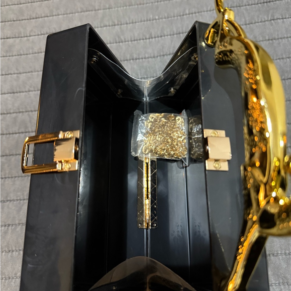 Plastic Black Clutch with Gold Leopard Handle - Picture 5 of 12